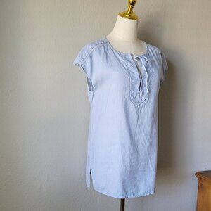 Sky Blue 100% Linen Boho Peasant Blouse | Cap Sleeve Tunic | Summer Casual Top